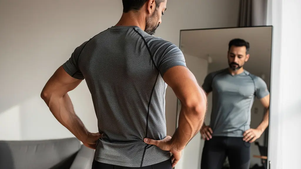 Homme vérifiant le tombé de sa tenue technique devant un miroir