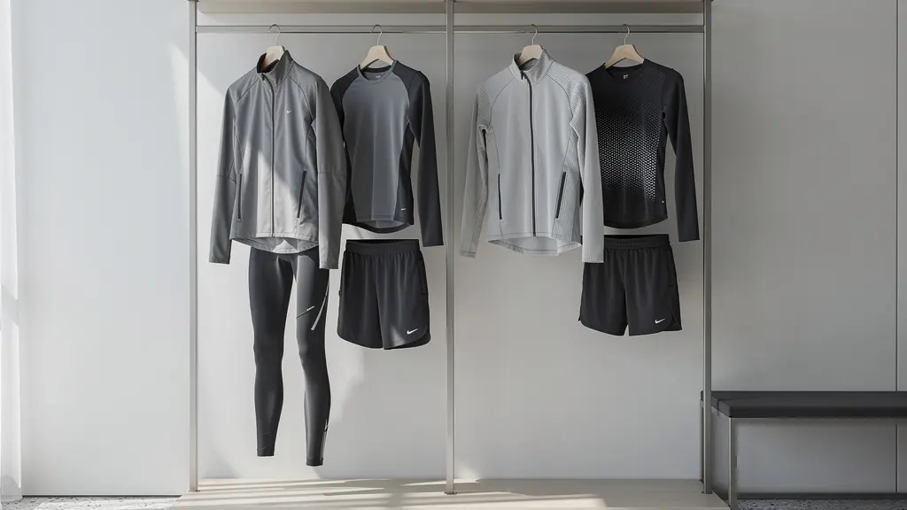 Sélection de pièces sportswear techniques sur cintres dans un dressing moderne