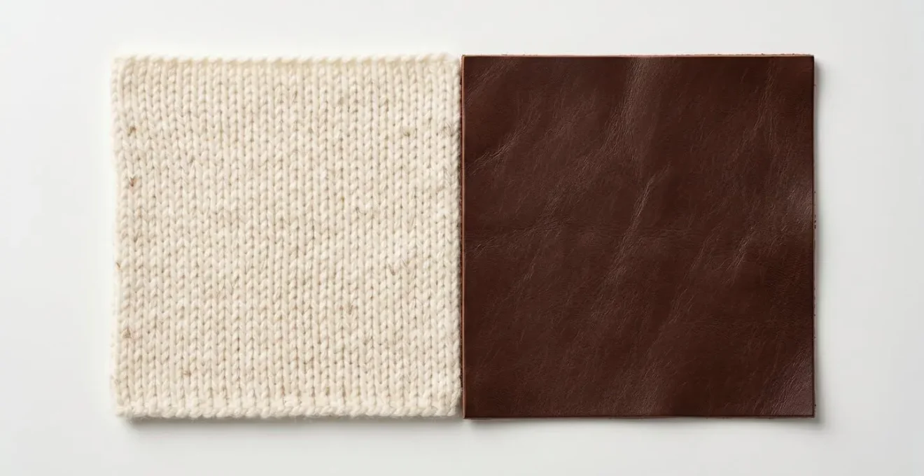 Nature morte photographique montrant un tissu de laine souple drapé à côté d'un rectangle de cuir structuré, les deux matières se rencontrant sur fond de bois brut, éclairage latéral créant un fort relief