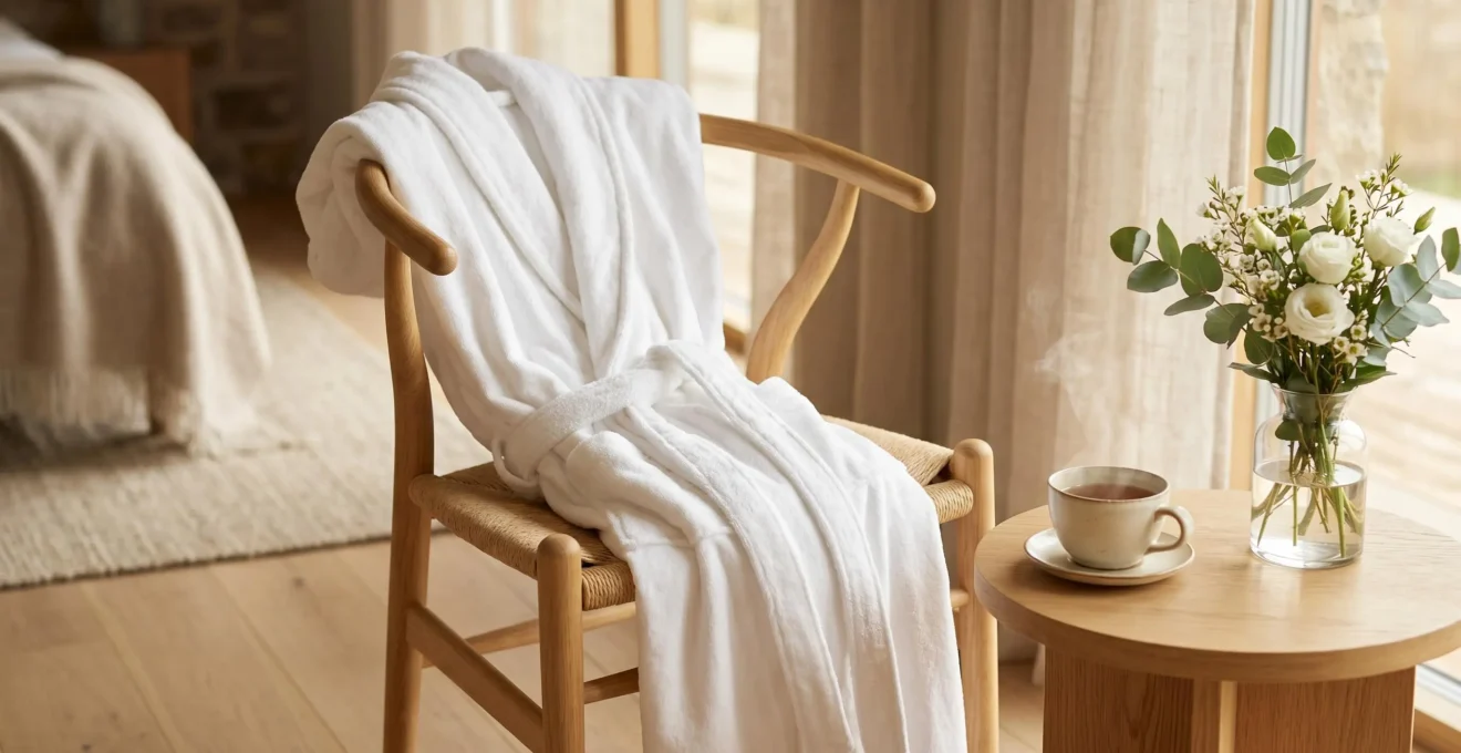 Peignoir en coton blanc de qualité sur une chaise en bois avec tasse de thé et fleurs fraîches
