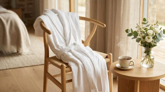 Peignoir en coton blanc de qualité sur une chaise en bois avec tasse de thé et fleurs fraîches