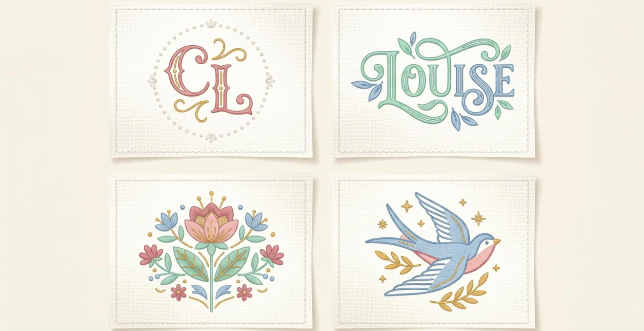 Quatre exemples de broderies personnalisées : initiales, prénom, motif floral et symbole