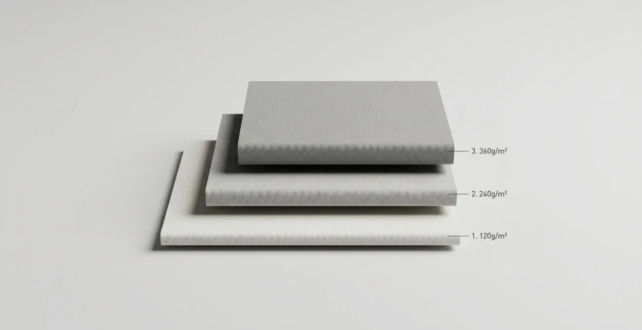 Trois échantillons de tissu montrant les différences de grammage entre 280, 500 et 750 g/m²