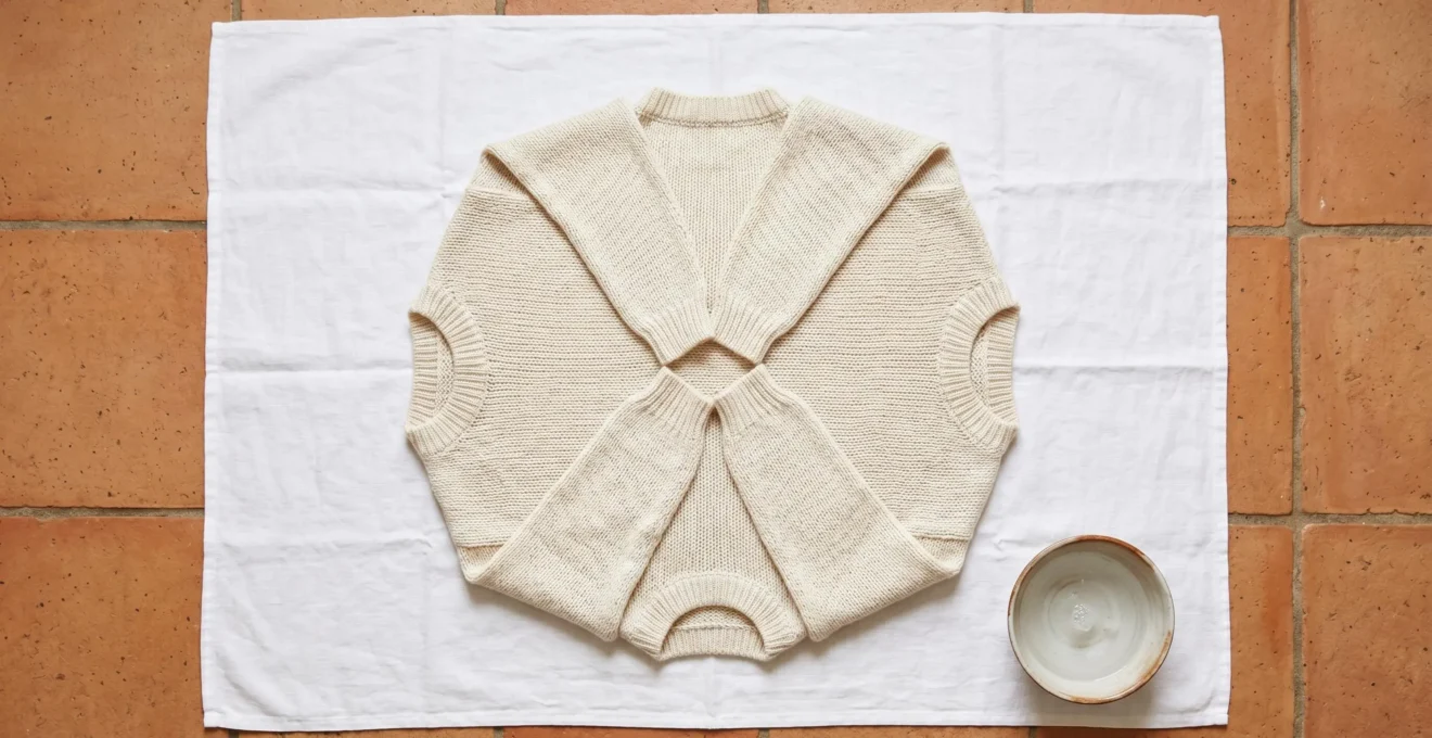 Vue aérienne d'un pull en maille écru séchant à plat sur une serviette de lin blanc posée sur des tomettes anciennes, manches disposées symétriquement, avec une petite coupelle d'eau claire dans un coin